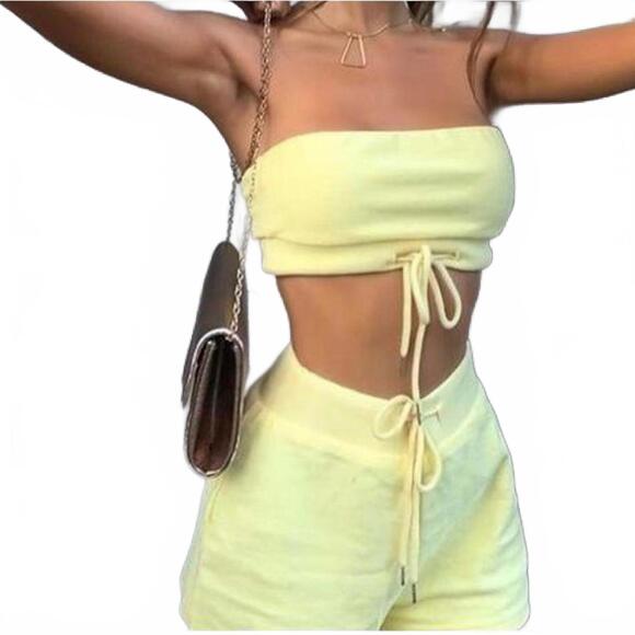Tiger Mist Pants - Tiger Mist Estee Pastel Yellow Drawstring High Waisted Cotton Shorts Size Medium